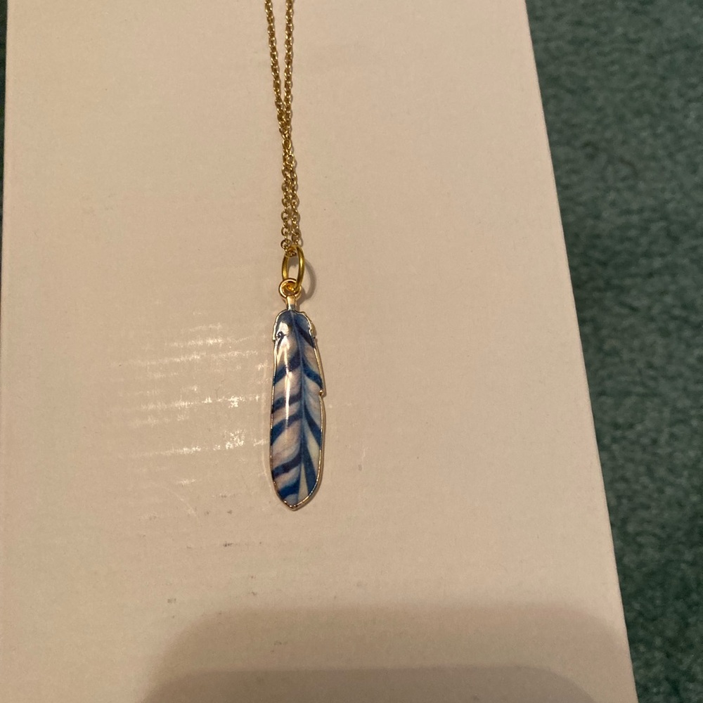 Enamel Bird Feather Pendant Necklace Blue Stripes 🐦